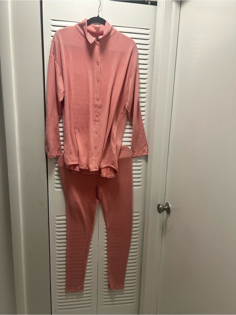 Fashion Nova Coral Ribbed Button-Up Top & Legging Set